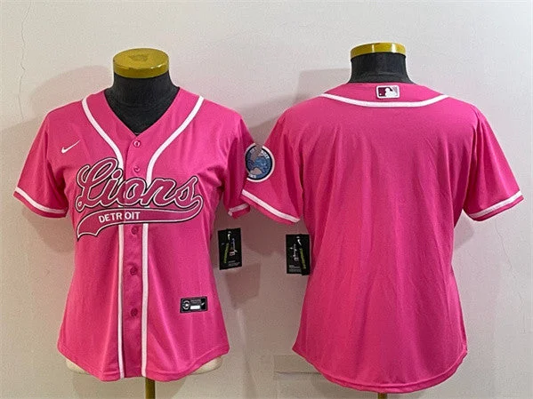 Baseball Jersey For Official Team Fan Gear-Women's Detroit Lions Blank Pink With Patch Cool Base Stitched Baseball Jersey(Run Small)