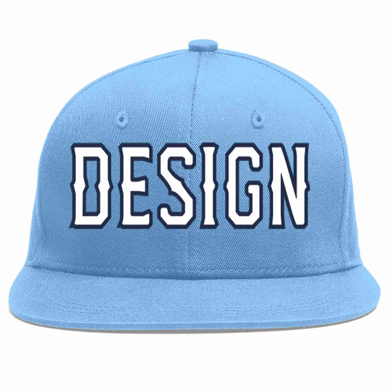 Baseball Cap With Custom Embroidery-Custom Light Blue White-Navy Flat Eaves Sport Baseball Cap Design for Men/Women/Youth