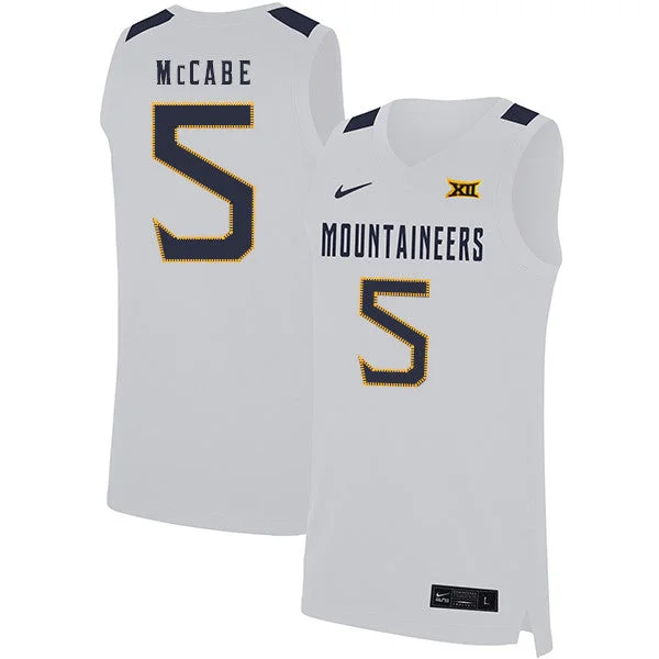 Basketball Jersey With Player And Team Numbers-West Virginia Mountaineers 5 Jordan McCabe White Basketball College Basketball Jersey