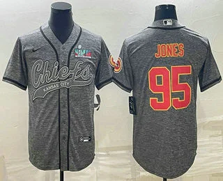 Baseball Jersey With Custom Embroidery Options-Men's Kansas City Chiefs #95 Chris Jones Grey With Super Bowl LVII Patch Cool Base Stitched Baseball Jersey