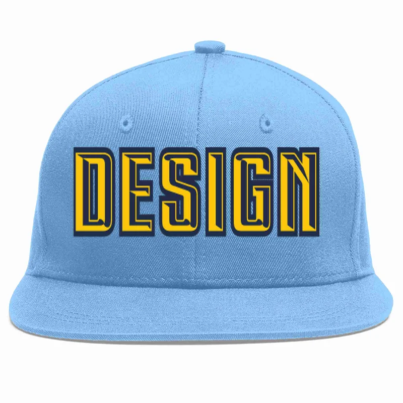 Baseball Cap For Group Orders-Custom Light Blue Gold-Navy Flat Eaves Sport Baseball Cap Design for Men/Women/Youth