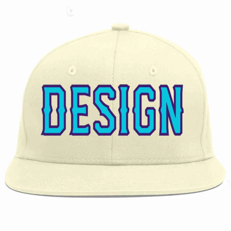 Baseball Cap For Casual Fans-Custom Cream Light Blue-purple Flat Eaves Sport Baseball Cap Design for Men/Women/Youth