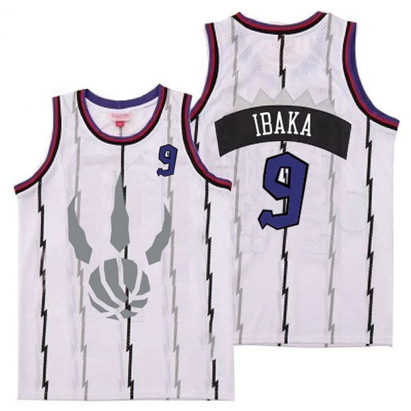 Basketball Jersey For Special Event Customization-Raptors 9 Serge Ibaka White Gray Logo Retro Basketball Jersey