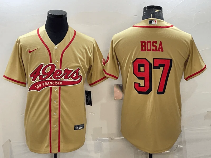 Baseball Jersey With Player Names And Numbers-Men's San Francisco 49ers #97 Nick Bosa Gold Color Rush With Patch Cool Base Stitched Baseball Jersey