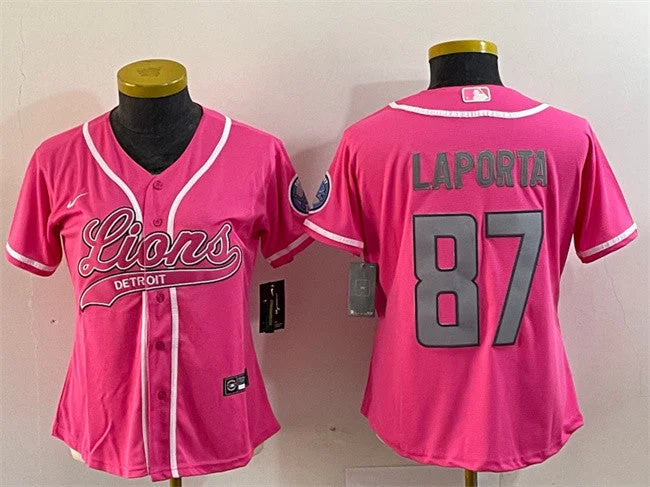 Baseball Jersey For Sports Event Apparel-Women's Detroit Lions #87 Sam LaPorta Pink With Patch Cool Base Stitched Baseball Jersey(Run Small)