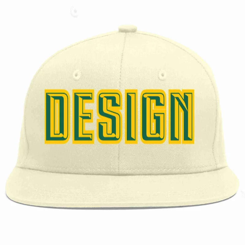 Baseball Cap With Custom Numbers And Names-Custom Cream Kelly Green-Gold Flat Eaves Sport Baseball Cap Design for Men/Women/Youth