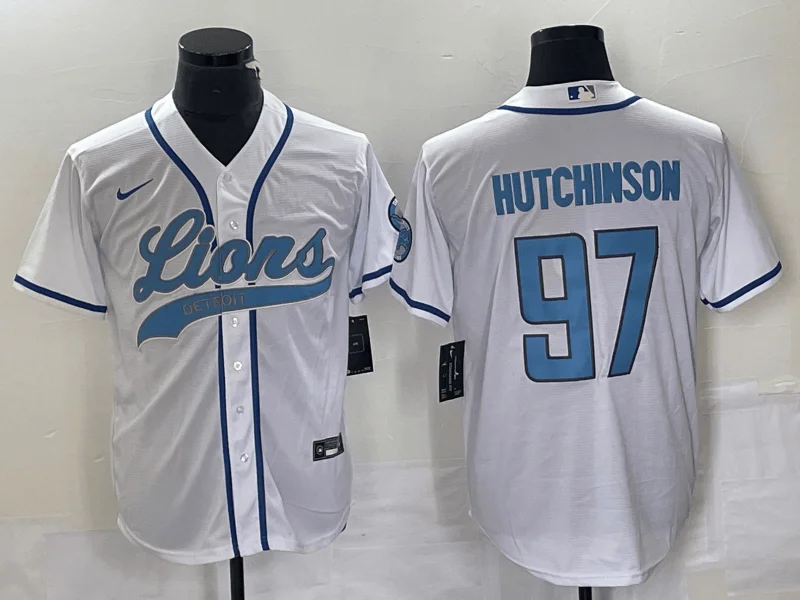 Baseball Jersey For Custom Team Wear-Men's Detroit Lions #97 Aidan Hutchinson White With Patch Cool Base Stitched Baseball Jersey