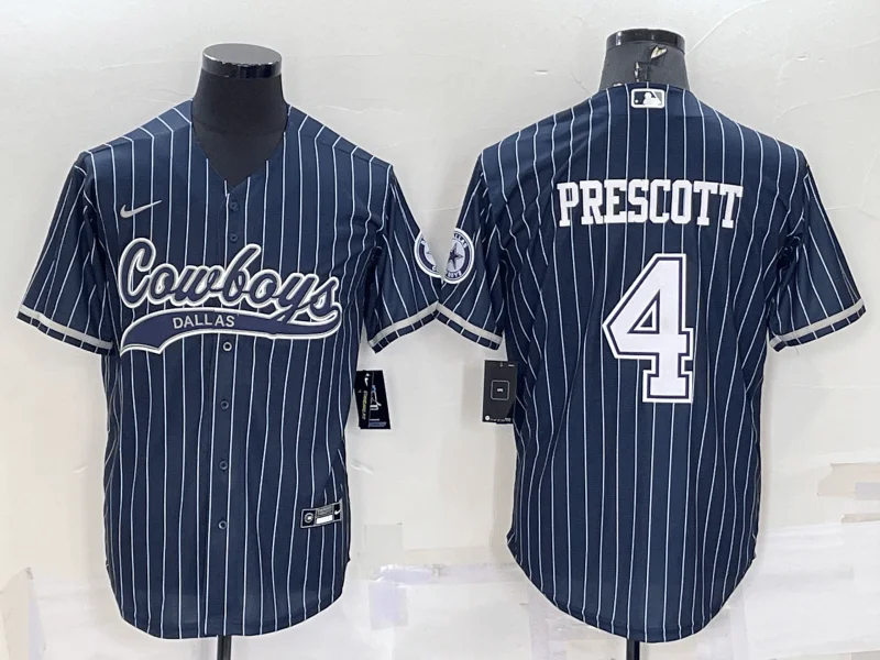 Baseball Jersey For Personalized Fan Support-Men's Dallas Cowboys #4 Dak Prescott Navy Blue Pinstripe With Patch Cool Base Stitched Baseball Jersey