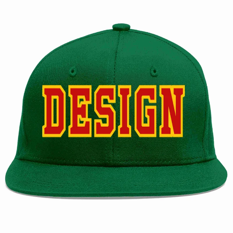 Baseball Cap With Embroidered Logos-Custom Green Red-Yellow Flat Eaves Sport Baseball Cap Design for Men/Women/Youth