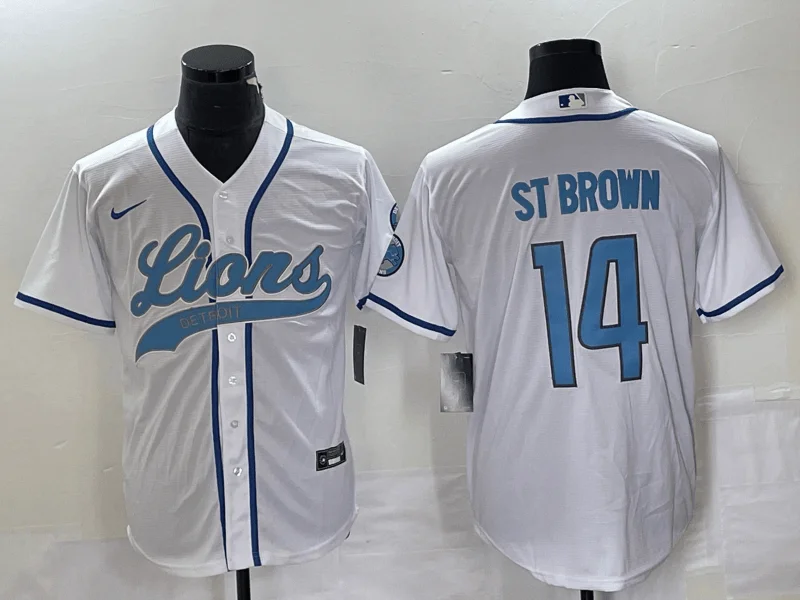 Baseball Jersey For Personalized Youth Apparel-Men's Detroit Lions #14 Amon Ra St Brown White With Patch Cool Base Stitched Baseball Jersey