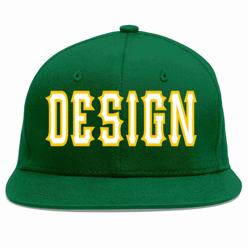 Baseball Cap For Personalized Embroidery-Custom Green White-Gold Flat Eaves Sport Baseball Cap Design for Men/Women/Youth