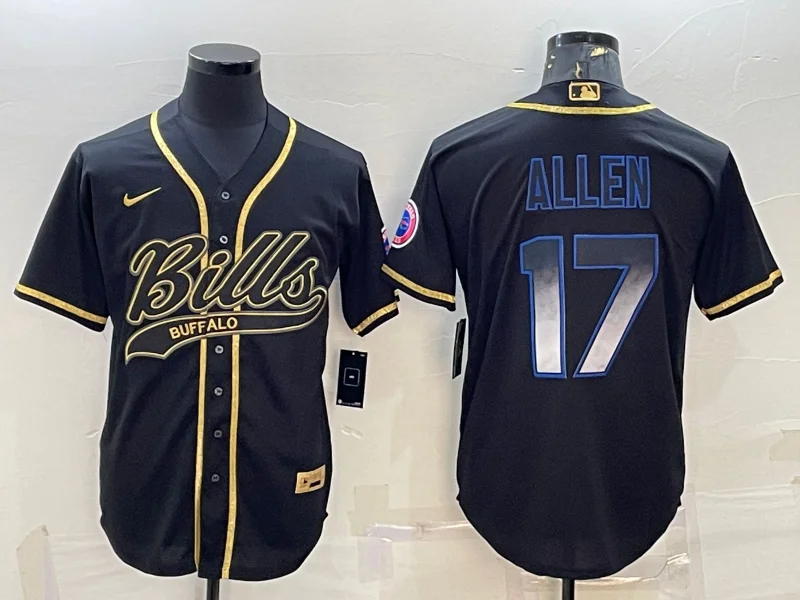 Baseball Jersey With Player Numbers-Men's Buffalo Bills #17 Josh Allen Black Gold Vapor With Patch Cool Base Stitched Baseball Jersey