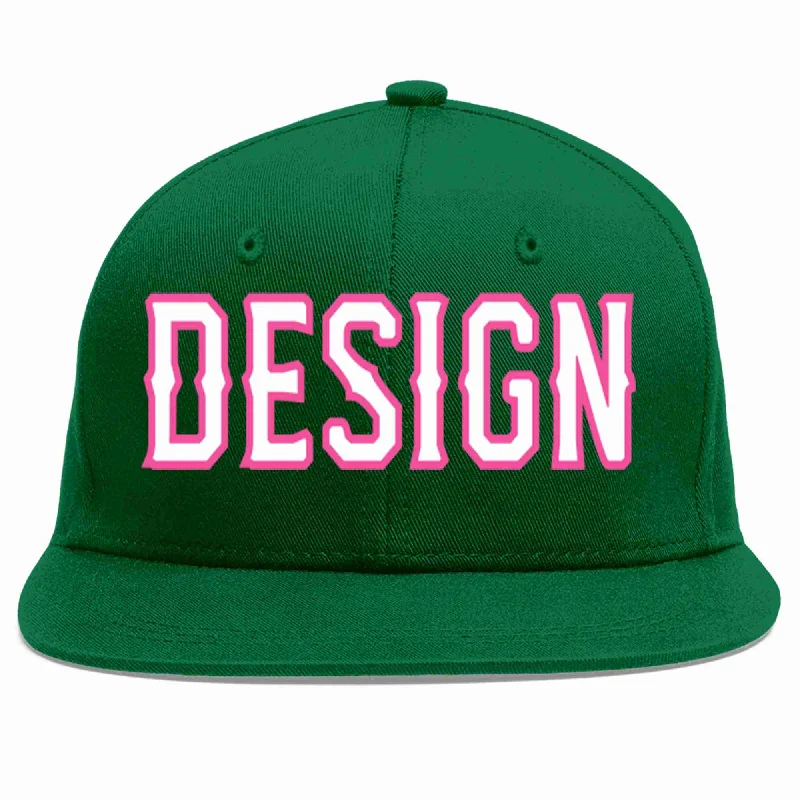 Baseball Cap For Casual Fans-Custom Green White-Pink Flat Eaves Sport Baseball Cap Design for Men/Women/Youth