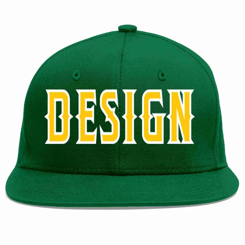 Baseball Cap With Custom Numbers And Graphics-Custom Green Gold-White Flat Eaves Sport Baseball Cap Design for Men/Women/Youth