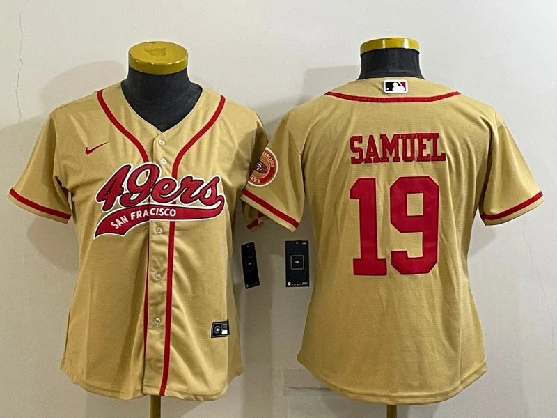 Baseball Jersey For Game Day Apparel Orders-Women's San Francisco 49ers #19 Deebo Samuel Gold With Patch Cool Base Stitched Baseball Jersey(Run Small)